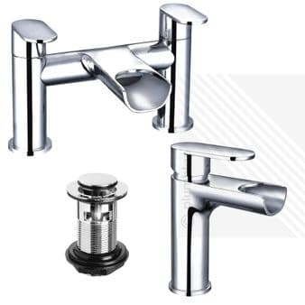 Arian India Curved Waterfall Basin Mixer and Bath Filler Tap in Chrome with Waste