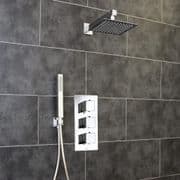 Concealed Thermostatic 2 Way Shower Valve, 3 Square Handles with Thin Square Overhead & Handset