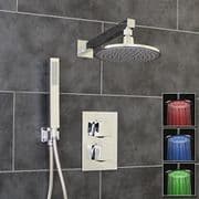 Concealed Thermostatic Mixer Shower Valve 2 Outlets Round LED Overhead & Handset
