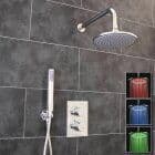 Concealed Twin Thermostatic Chrome Shower Mixer Valve 2 Outlets LED Round Head