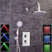 Concealed Twin Thermostatic Shower Mixer Valve 2 Outlets LED Round Head & Handset