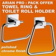 ECOSPA 2 Piece Square Toilet Roll Holder and Towel Ring in Chrome