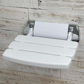 ECOSPA Folding Shower Seat Wall Mounted Stool in White & Chrome Trim Bathroom Mobility Aid