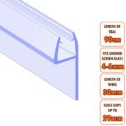 ECOSPA Shower Screen Door Seal (Type 8) 4-6mm Glass Thickness Seals Gaps up to 29mm *TWIN PACK