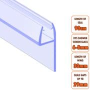 ECOSPA Shower Screen Door Seal (Type 8) 6-8mm Glass Thickness Seals Gaps up to 29mm