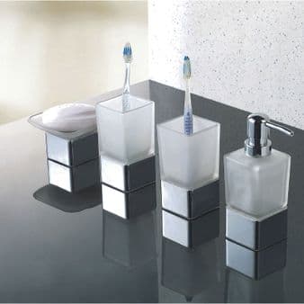 Modern Frosted Glass/Chrome Bathroom Accessories Mega Pack | Soap Dish, 2 x Tumbler & Dispenser