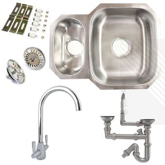 Premium Undermount Stainless Steel Kitchen Sink | Reversible 1.5 Bowl | Dual Lever Kitchen Tap Pack including Pipework