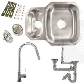 Premium Undermount Stainless Steel Kitchen Sink | Reversible 1.5 Bowl | Single Lever Pull-Out Kitchen Tap Pack including Pipework