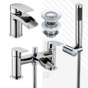 Scudo Modern Bath Shower Mixer & Basin Mixer Tap Pack with Slotted Click-Clack Waste | Deck Mounted | Brass with Chrome Finish