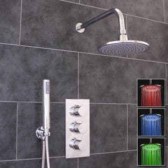 Thermostatic 2 Way Shower Valve, Round Handles, Round LED Overhead Drencher & Handset
