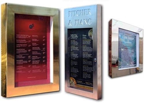 MENU CASES - NON LED Lit: Brass, Chrome, Stainless Steel (polished or brushed) - Copper or Painted