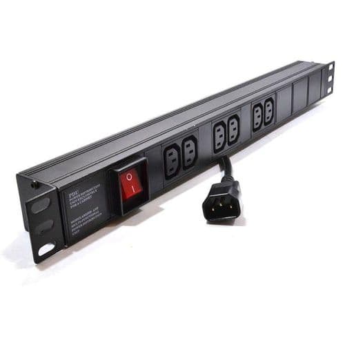 1U 19" 6 Way Horizontal Switched 10A IEC13 Sockets to IEC14 Plug PDU (Rackmount)