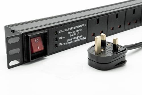 1U 19" 6 Way Horizontal Switched 13A UK Sockets to UK Plug PDU with Surge Protection & 3m Flex