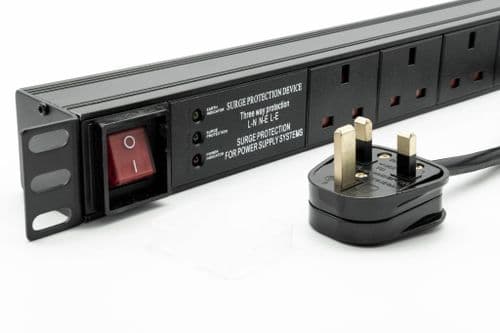 1U 19" 6 Way Horizontal Switched 13A UK Sockets to UK Plug PDU with Surge Protection (Rackmount)