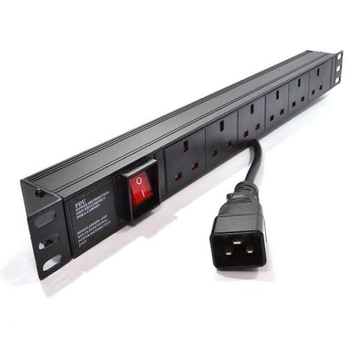 1U 19" 6 Way Horizontal Switched UK 13A Sockets to IEC20 Plug PDU (Rackmount)