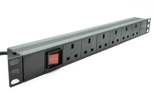 1U 19" 6 Way Switched Horizontal 13A UK Sockets to UK Plug PDU (Rackmount)