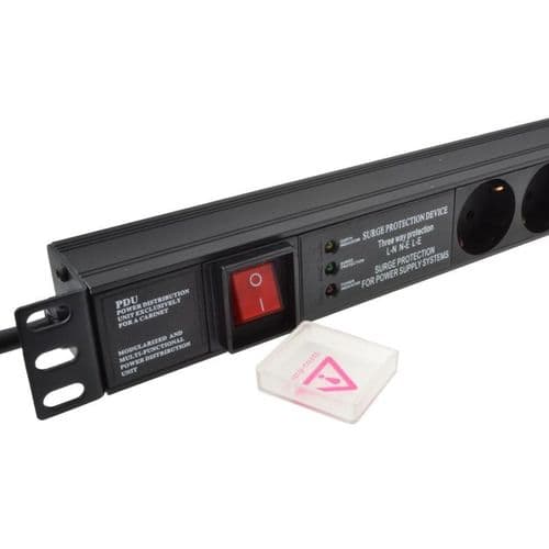 1U 19" 6 Way Switched Horizontal 16A Schuko Sockets to Schuko Plug PDU with Surge Protection (Rackmo