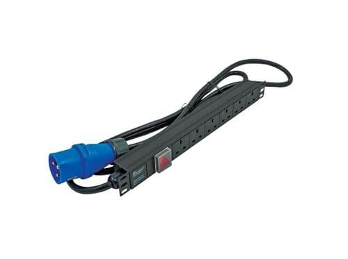 1U 19" 6 Way Switched Horizontal UK 13A Sockets to 16A Commando Plug PDU / Power Bar (Rackmount)
