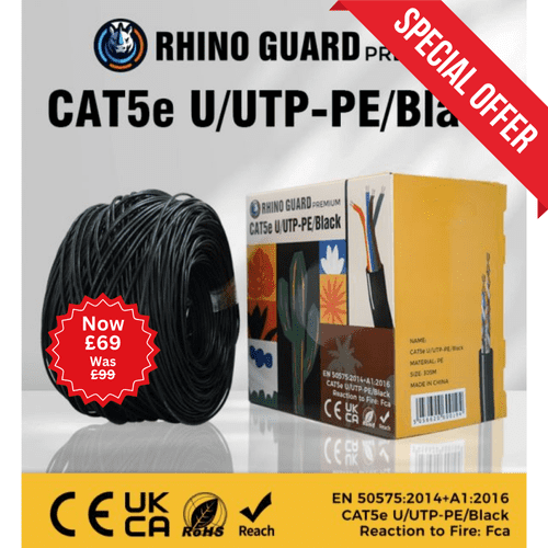 305 Metre CAT5e Full Copper Rhino Guard CAT5E U/UTP-PE/BLACK Black UTP Cable (Offer)