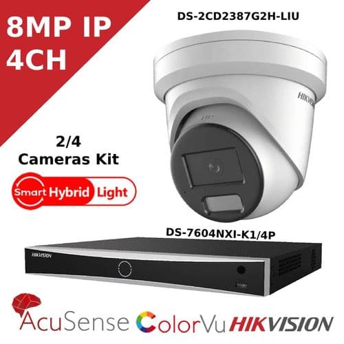 8MP 4K IP Hybrid Light CCTV Kit - 4 CH POE AcuSense NVR - IR + ColorVu - DS-2CD2387G2H-LIU - 2.8MM