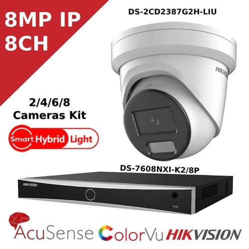 8MP 4K IP Hybrid Light CCTV Kit - 8 CH POE AcuSense NVR - IR + ColorVu - DS-2CD2387G2H-LIU - 2.8MM