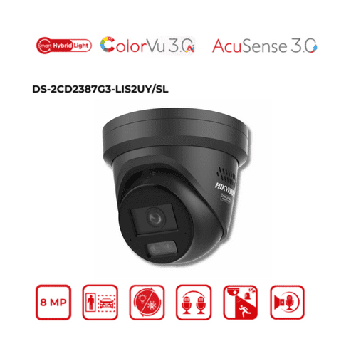 8MP Hikvision DS-2CD2387G3-LIS2UY/SL(2.8mm) Smart Hybrid Light w/ ColorVu Fixed Turret IP Cam Black