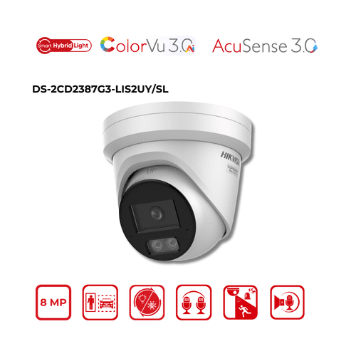 8MP Hikvision DS-2CD2387G3-LIS2UY/SL(2.8mm) Smart Hybrid Light with ColorVu Fixed Turret IP Camera