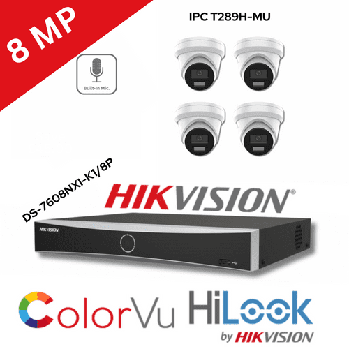 8MP Hilook By Hikvision IPC-T289H-MU(2.8) ColorVu Turret built-in Mic 4 Camera, 8ch NVR Kit (Offer)