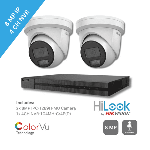 8MP HiLook by Hikvision IPC-T289H-MU ColorVu Built-in Mic 2 Camera 4 Channel NVR Kit (Offer)