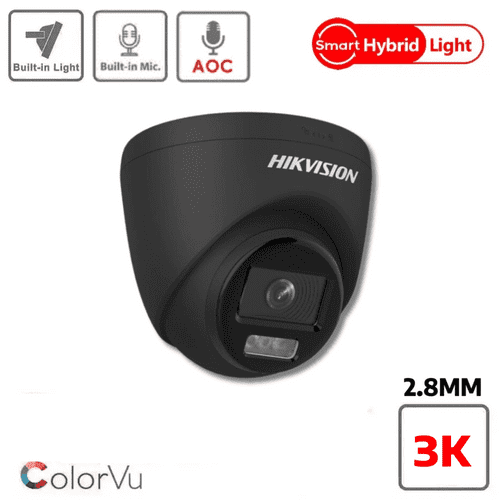 Hikvision 3K DS-2CE72KF0T-LFS Smart Hybrid ColorVu Fixed Lens Turret Camera (Built-in Mic) - Black (Offer)