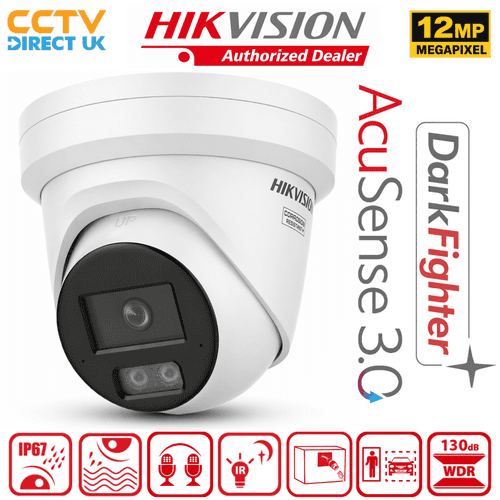 Hikvision DS-2CD23126G3-I2UY 12MP AcuSense Turret Camera with DarkFighter & Audio (White)