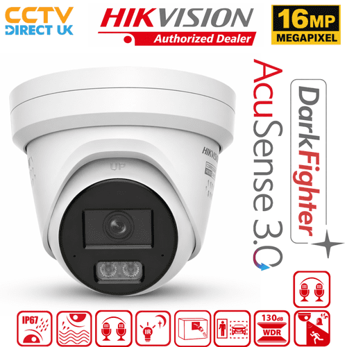 Hikvision DS-2CD23166G3-IS2UY/SL 16MP AcuSense Turret Cam, Strobe & Audio Alarm (White)