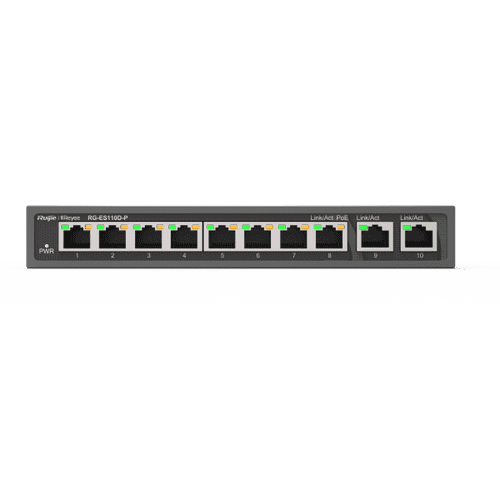 RG-ES110D-P 8 x 10/100Mbps PoE/PoE+ Ports (110W) and 2xGE Uplink Ports, Unmanaged Desktop Steel Case