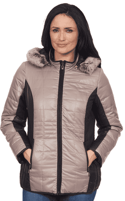 DB770 Taupe/Black Fur Trimmed Padded Jacket Plus Size