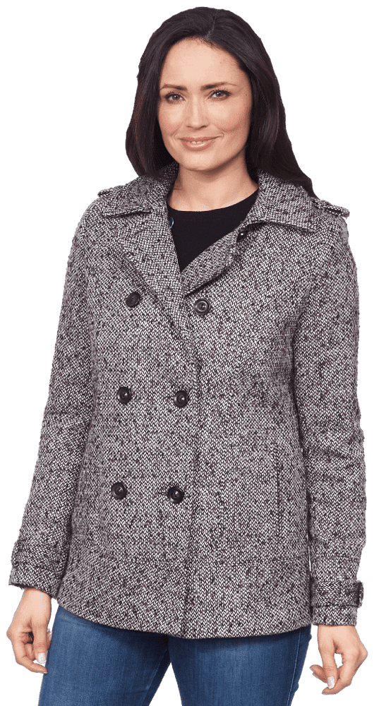 K2070 Wool Mix Tweed Double Breasted Reefer Coat with Epaulettes