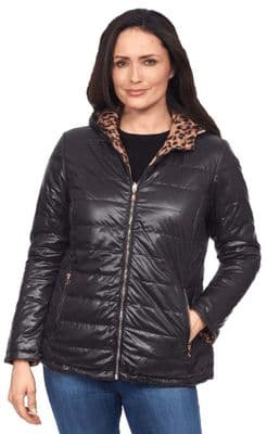 Plus Womens Reversible Quilted Black/Ocelot Print Jacket db783