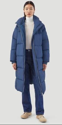 Womens Long Line Blue Hooded Puffa Coat db7012