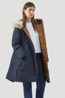 Womens Longline Arctic Navy & Button off Faux Fur on Hooded Padded Coat db7017