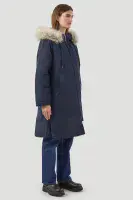Womens Longline Arctic Navy & Button off Faux Fur on Hooded Padded Coat db7017
