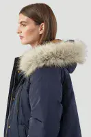 Womens Longline Arctic Navy & Button off Faux Fur on Hooded Padded Coat db7017