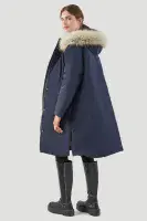 Womens Longline Arctic Navy & Button off Faux Fur on Hooded Padded Coat db7017