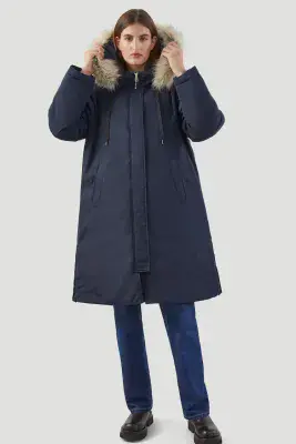 Womens Longline Arctic Navy & Button off Faux Fur on Hooded Padded Coat db7017