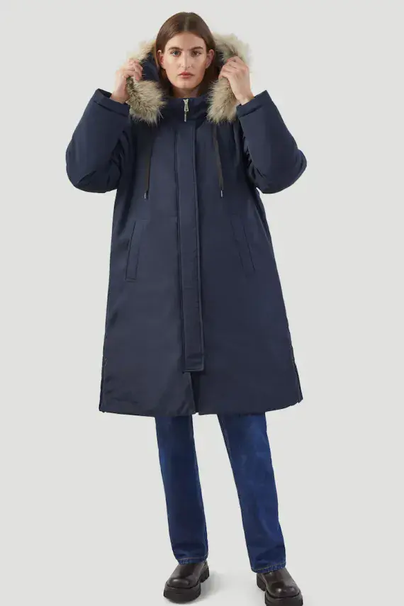 Womens Longline Arctic Navy & Button off Faux Fur on Hooded Padded Coat db7017
