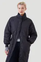 Womens Longline Black Diamond Stitched Hooded Padded Coat db7016