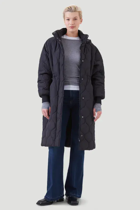 Womens Longline Black Diamond Stitched Hooded Padded Coat db7016