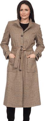 Womens Luxury Abraham Moon 100% Wool Beige Dogtooth Check Long Kesta Coat K1227M