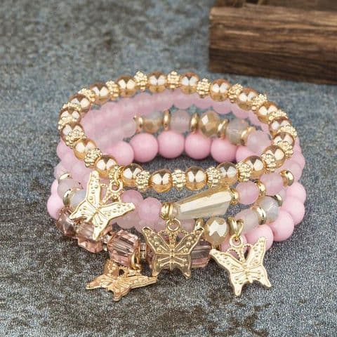 4 Stacking Bracelets + Butterfly Pink £14.99