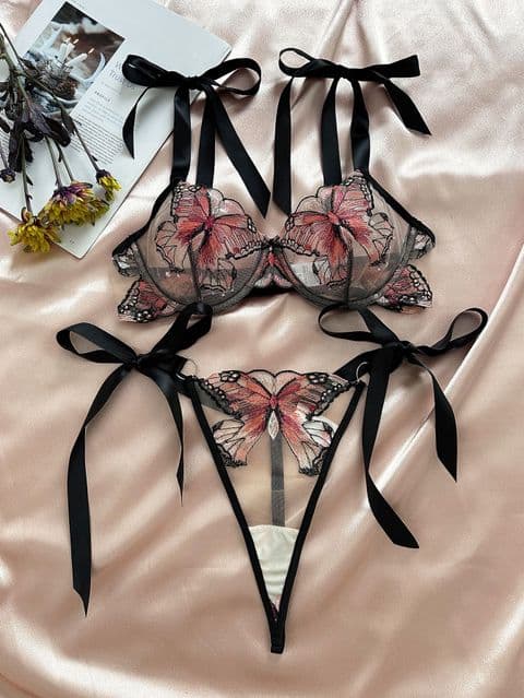 AE - Pink Butterfly sheer Bra set