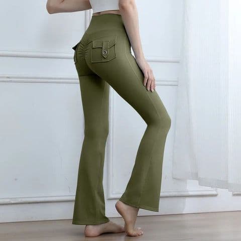 BandS - Army Green Leggings With Pockets, Flaired Length Yoga Pants (1)