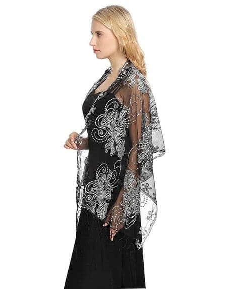 BandS - Black & Silver Polyester Sequins Wrap